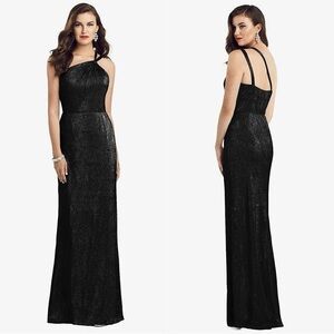 NWT DESSY 90s Crinkle Metallic Twist Strap 1 Shoulder Sleeveless Trumpet Gown 10